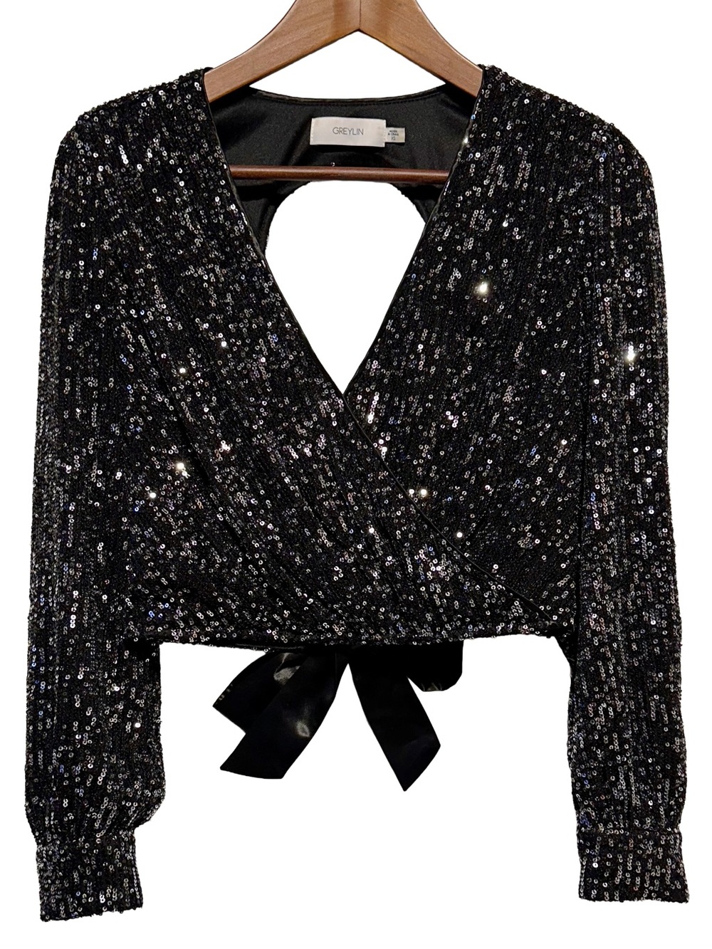 Greylin Black Sequin Tie Back Party Crop Top XS